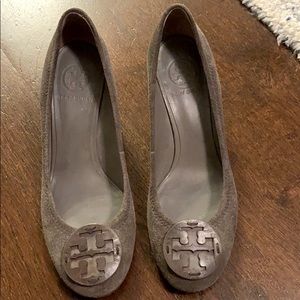 Tory Burch logo wedge. Grey suede. Size 7.